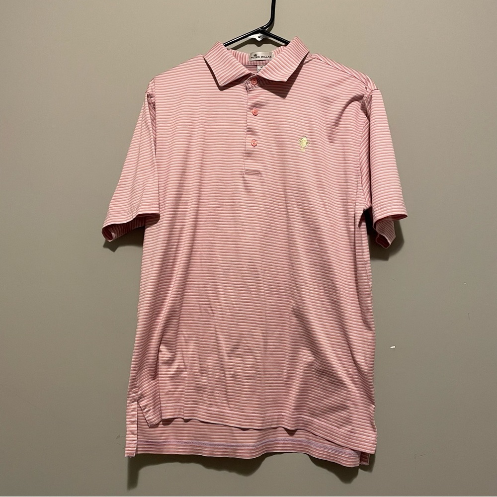 Peter Millar Shirt Men's Medium Pink Short Sleeve Golf Trophy Striped